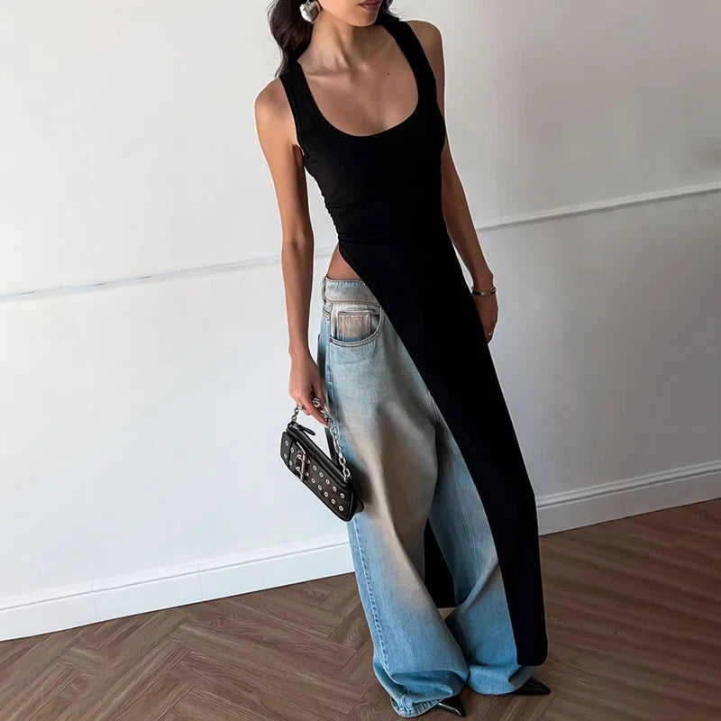 Sexy Sleeveless Side High Split Midi Dress Backless Women's Summer Party Club Streetwear Y2K Style Solid Color