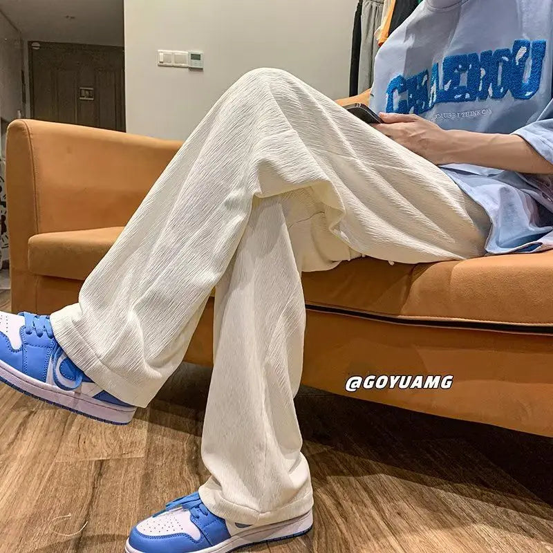 Summer Korean Fashion Simple Ice Silk Wide Leg Pants Men Solid Elastic Waist Pockets Thin High Street Loose Straight Trousers