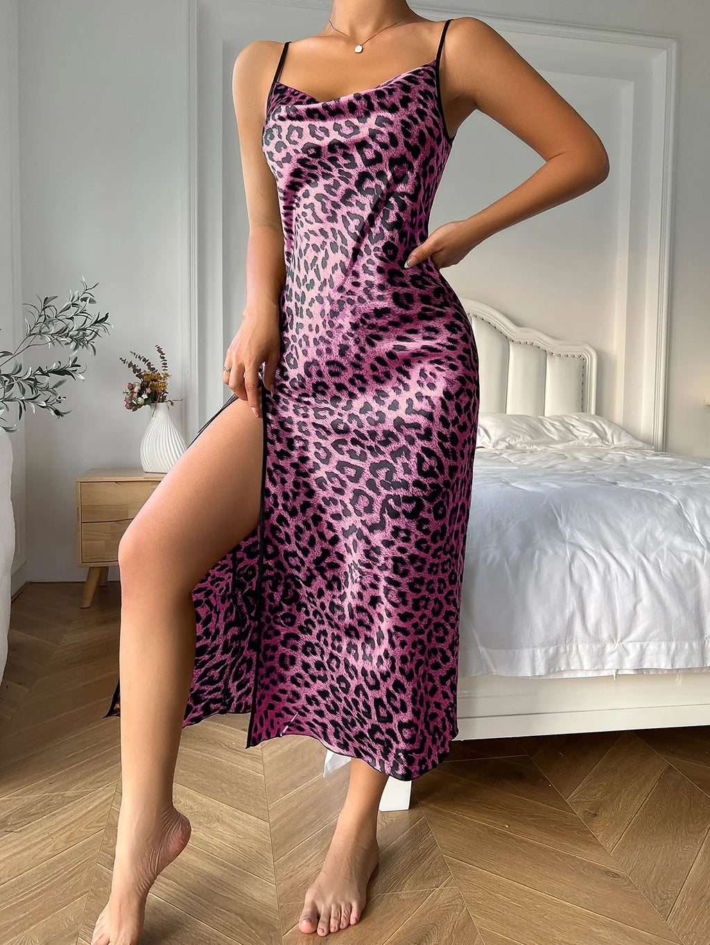 Ice Silk Slip Dress Summer Thin Breathable Silk Like Sexy Leopard Print Women's Backless Split Sling Nightdress