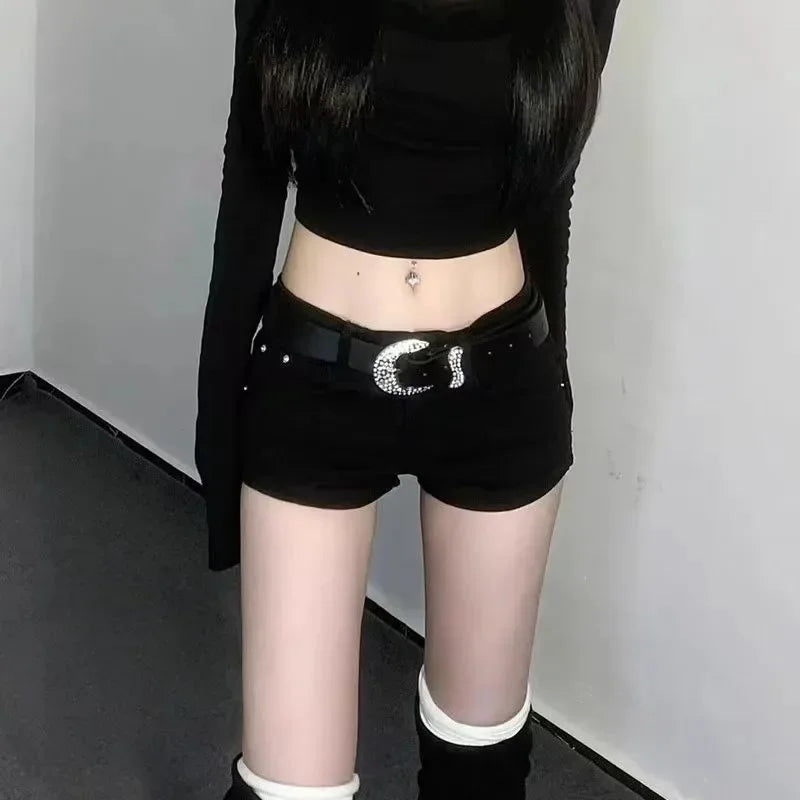 Summer Black Hot Shorts for Women Sexy Low Rise Y2K Gothic Tight Denim Short Pants Female Harajuku Streetwear Grunge Mini Shorts