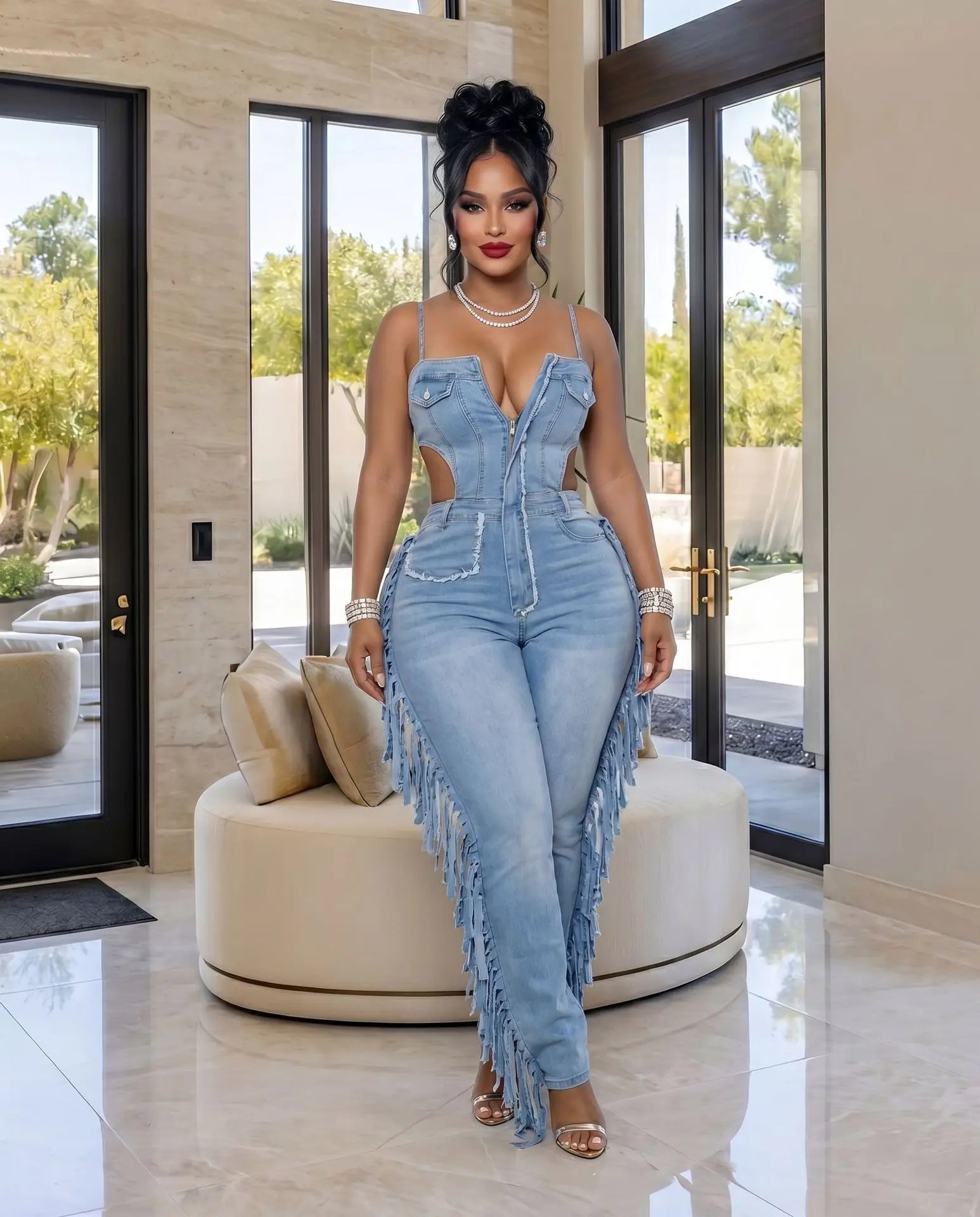 Night Club Tassel Jeans Stretch Jumpsuit Sexy Women Spaghetti Strap Elegant Denim Pencil Romper Overalls