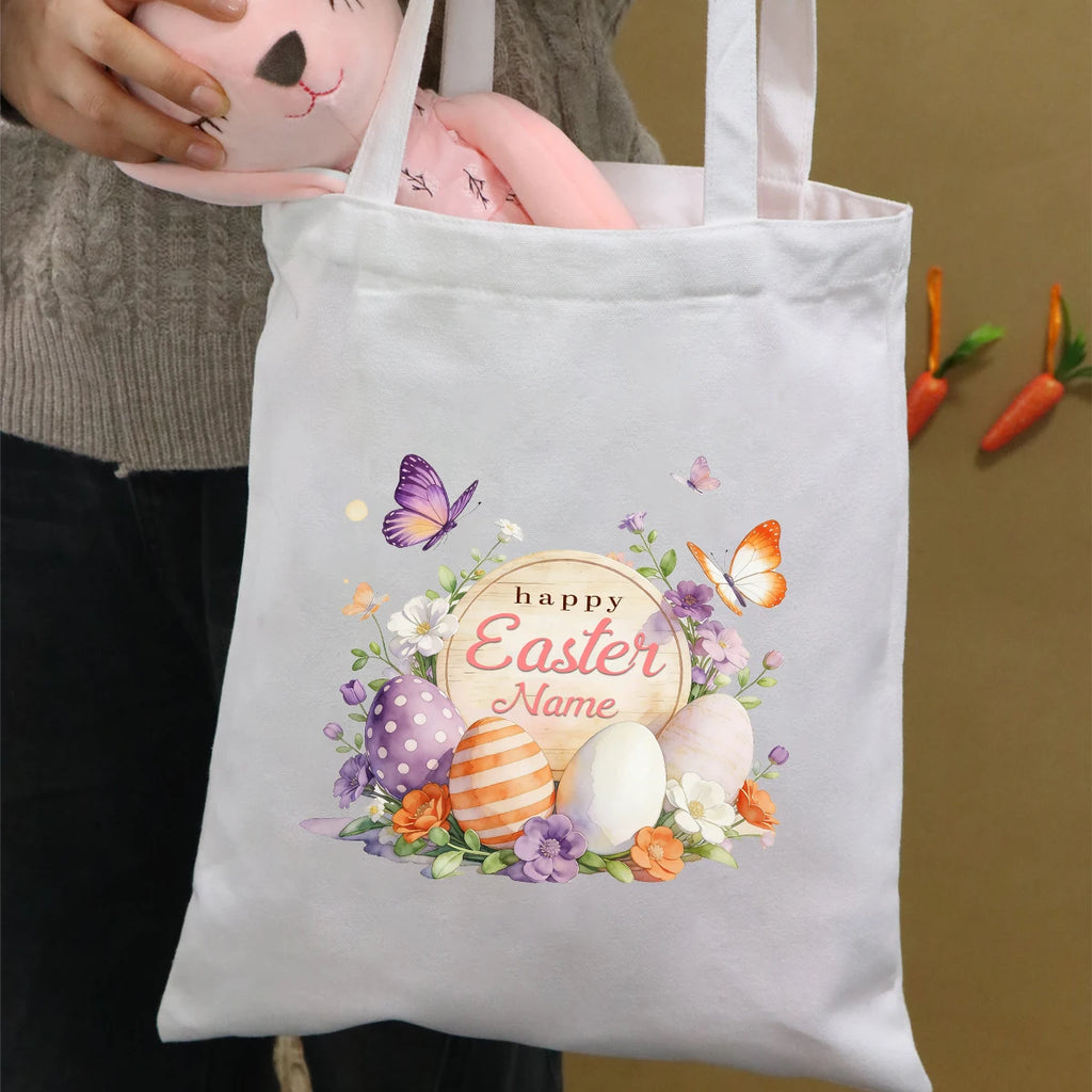 Custom Easter Tote Bag With Bunny And Floral Design, Personalized Name Shoulder Handbag For Spring Celebrations,
