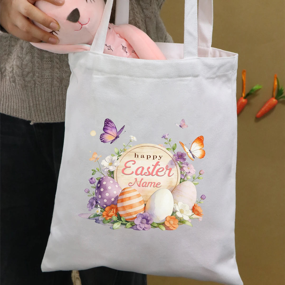 Custom Easter Tote Bag With Bunny And Floral Design, Personalized Name Shoulder Handbag For Spring Celebrations,