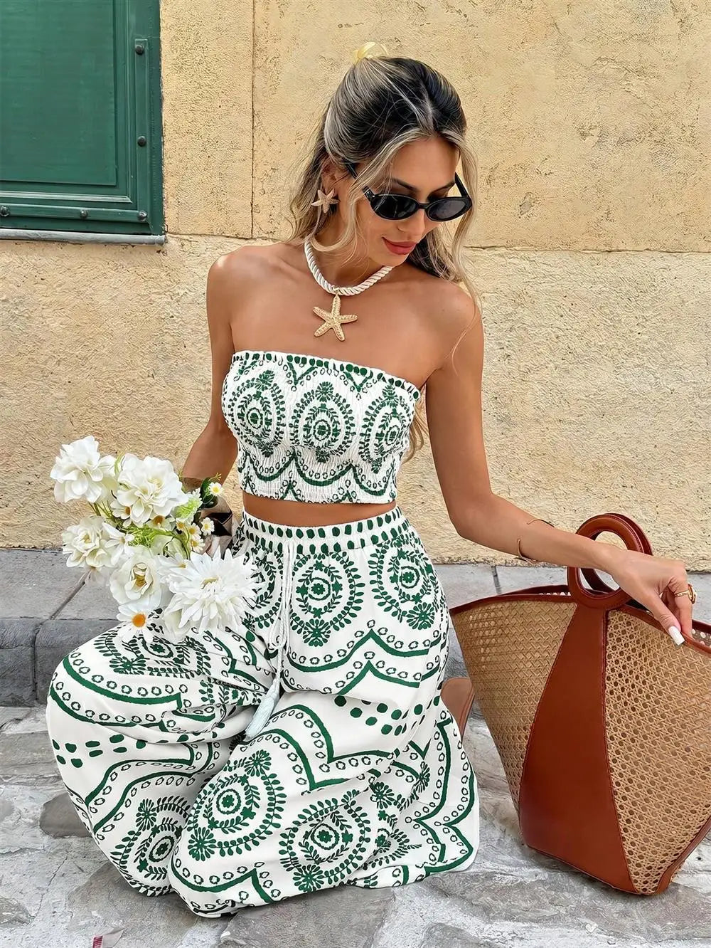 Bohemian Print Crop Top And Wide Leg Pants Two Piece Set for Women Summer Fashion Outfit Spicy Girl Casual Wear