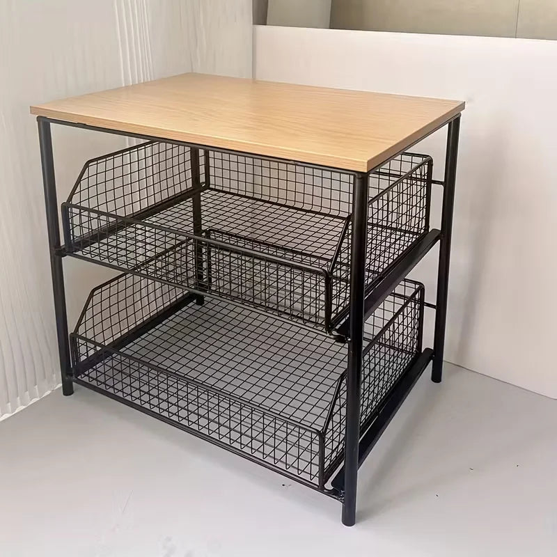 1pc Space-Saving Kitchen Countertop Organizer with Drawer and Metal Basket - Sturdy Solid Wood and Metal Multi-Layer Storage
