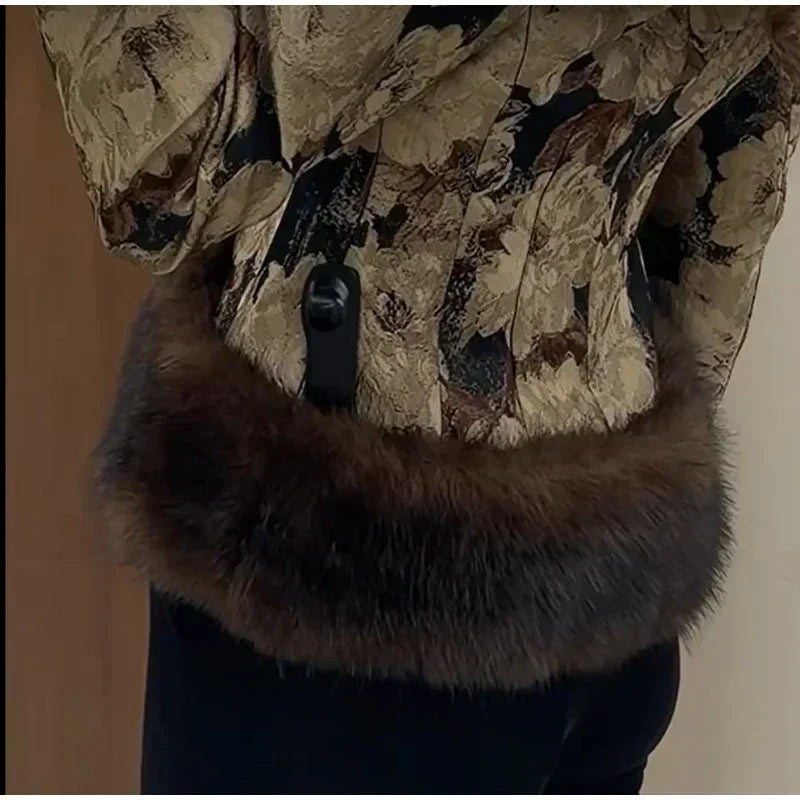 Floral Jacquard Faux Fur Trim Jacket V Neck Single Button Long Furry Cuff Cropped Coats 2026 Vintage Winter New Warm Party Coat