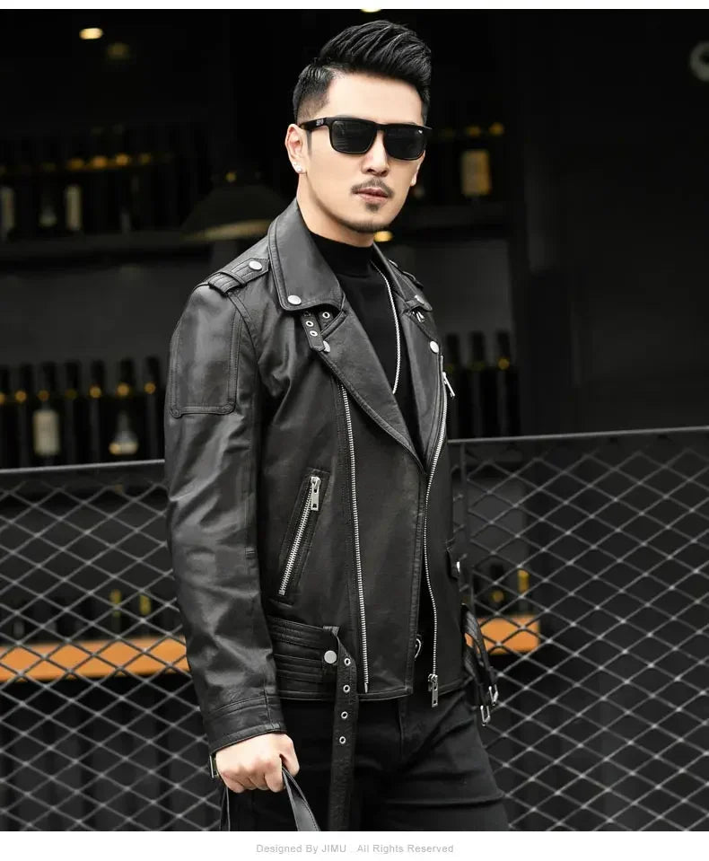 Brand Leather Jackets European Fashion Spring Autumn Short Cool Black Leather Biker Jacket Men Zipper Long Sleeve Belt Plus Size