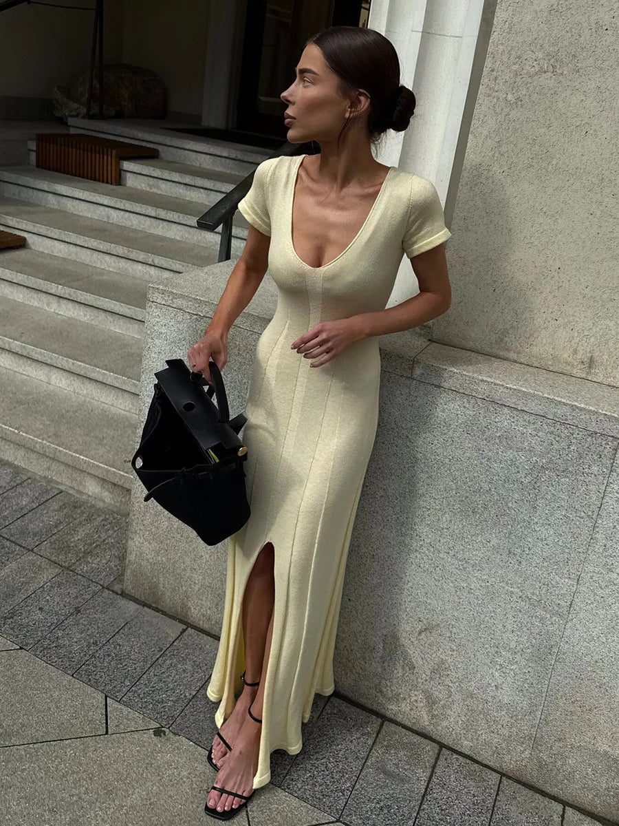 TARUXY Spring Summer Short-Sleeved Knitted Dress Women Solid V-Neck Slit Long Dress Slim Sexy Commuting Leisure Dress Female New