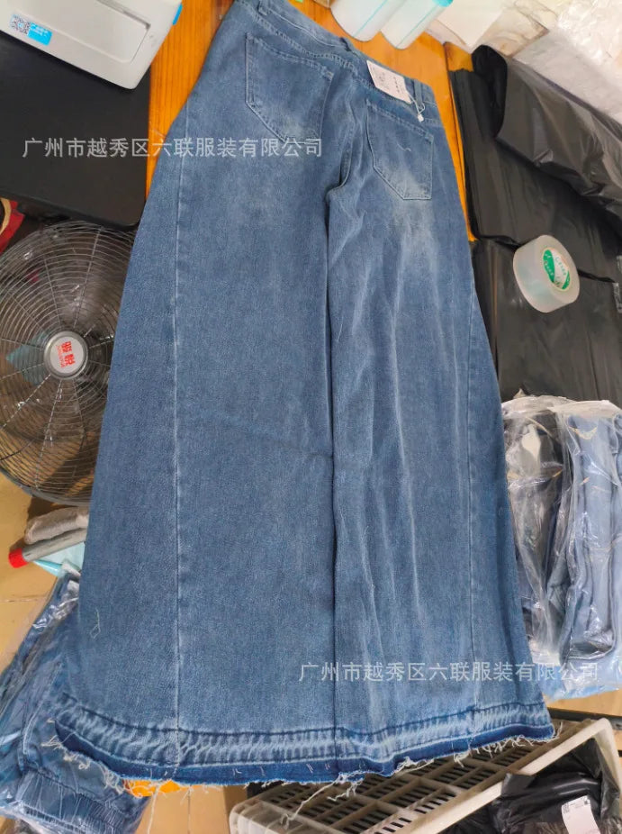 QICHE European American Women Y2K Blue Washed Patchwork Flare Jeans Loose Tassel Floor-Length Wide Leg Denim Pants