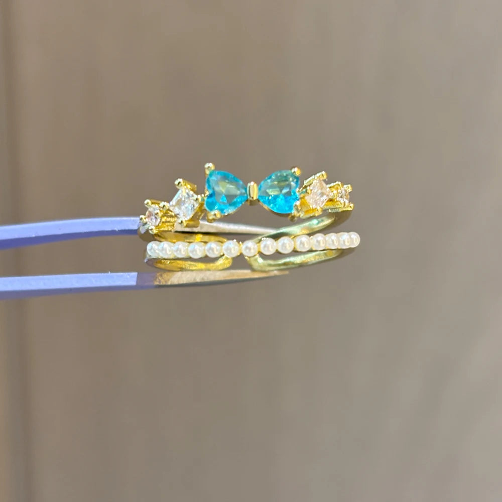 Vintage Blue Crystal Bow Knot Rings Women Gold Plated Open Adjustable Ring Sweet Heart Zircon Pearl Finger Ring Fashion Jewelry