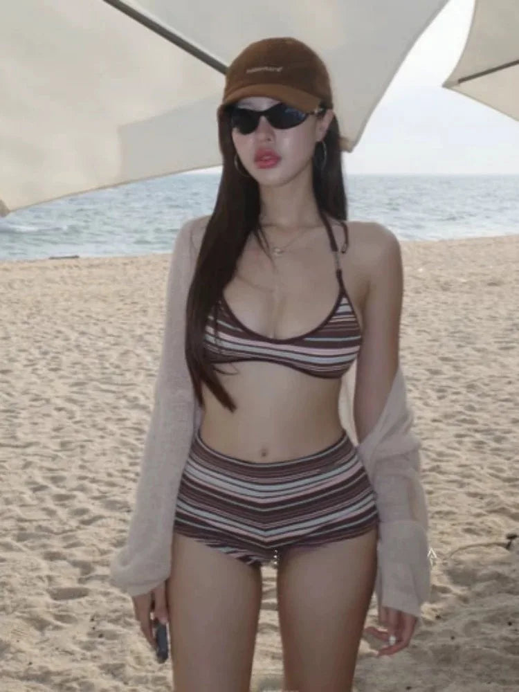 French Retro Striped Two Piece Bikini High Waist Push Up Swimsuit Ins Style Sexy Bathing Suit for Women Beach Island Vacation