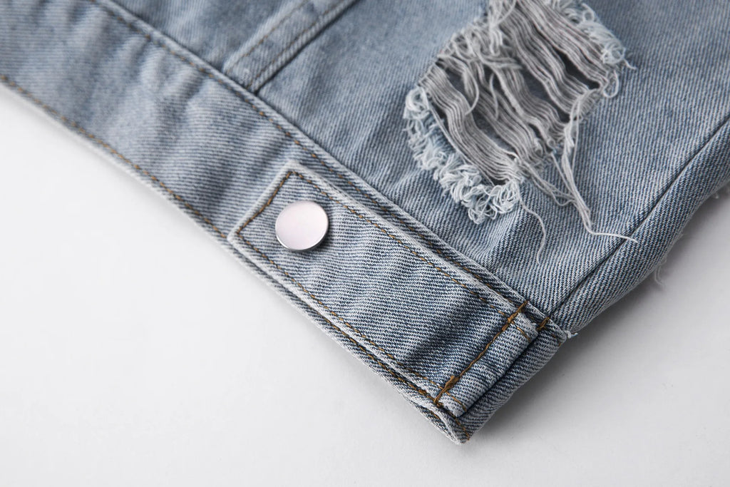 2026 Spring and Autumn American Retro Washed and Dyeed Hole Denim Jacket Men's Design Sense