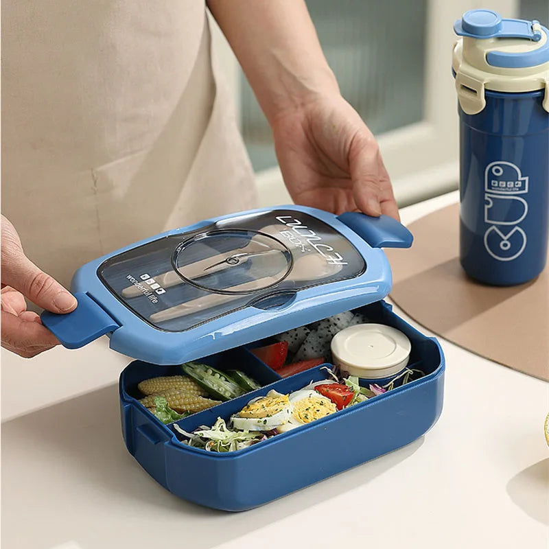 2Pcs Microwave Safe PP Lunch Box Set 750ML Separated Bento Container With 450ML Portable Water Bottle Leak‑Proof Dinnerware