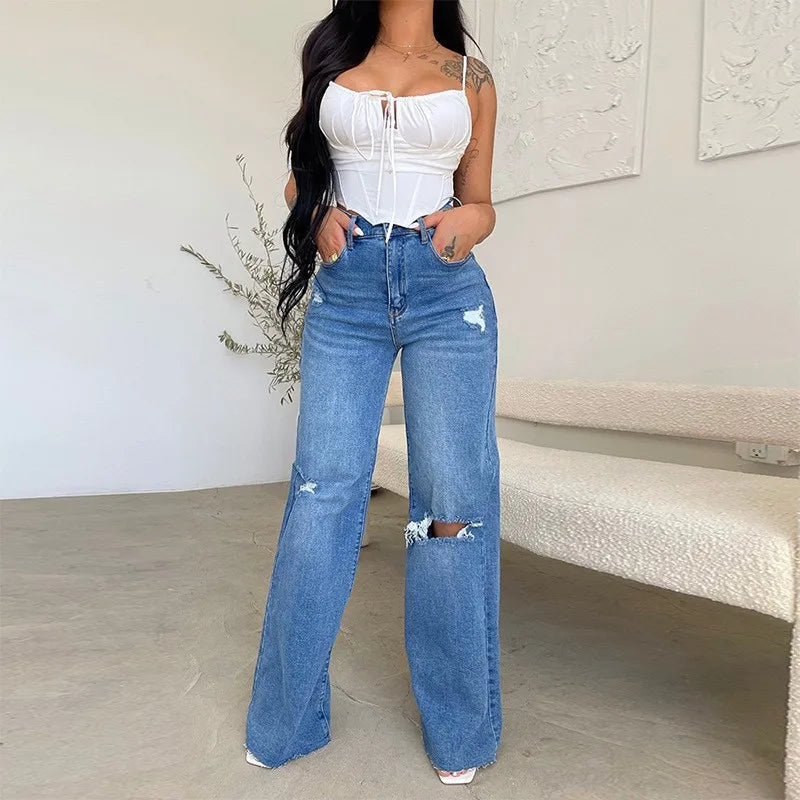 Baggy Jeans Women Flared Denim Pants High Waist Wide Leg Distressed Denim Jeans Light Wash Ripped Frayed Hem Jeans Pants