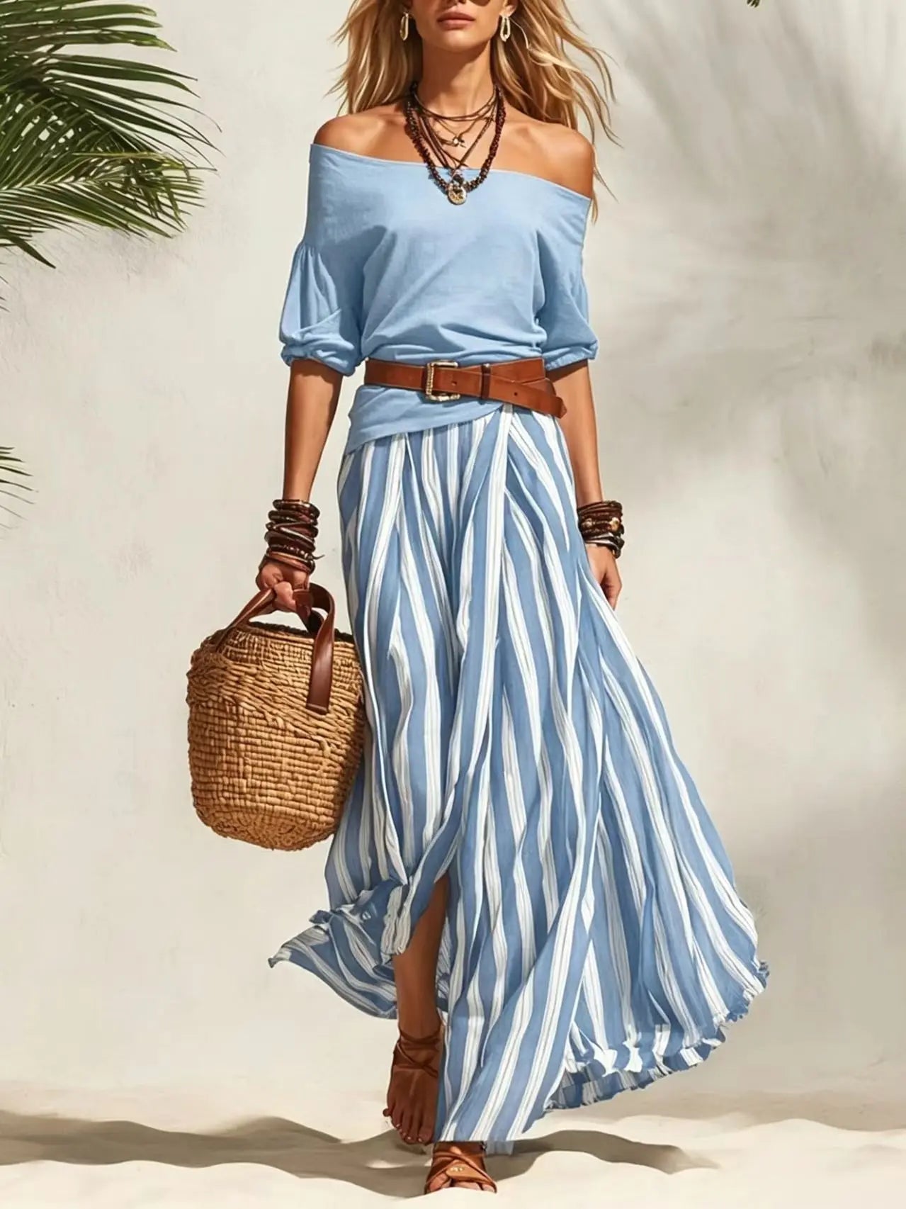 Women Multiple Colors Off Shoulder Puff Sleeve Top Vertical Stripe Flowy Maxi Skirt 2 Piece Outfit Loose Casual Vacation Set