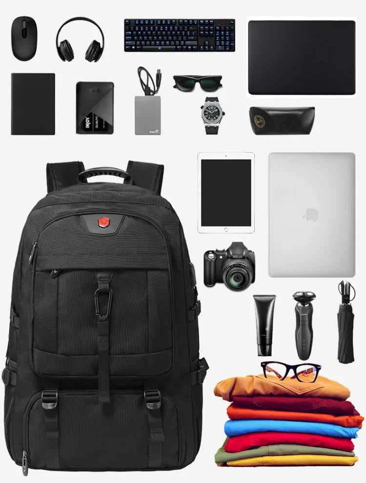 50L 80L Men's Large Travel Backpack, Separate Shoe Compartment Waterproof Business Backpack Outdoor Sports Black Storage Bag