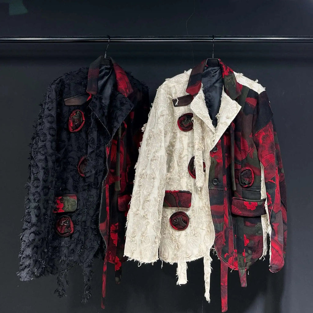 PFHQ Design Silhouette Suit Jacket Autumn 2024 New Loose Slimming Splicin Knitted Red Flowers Contrast Color Male Tops