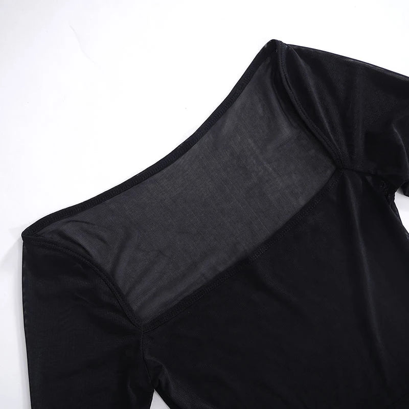 Women's Square Collar Mini Dress Y2K Gauze Long Sleeve Sheer Sexy Night Outfit Clubwear Solid Color