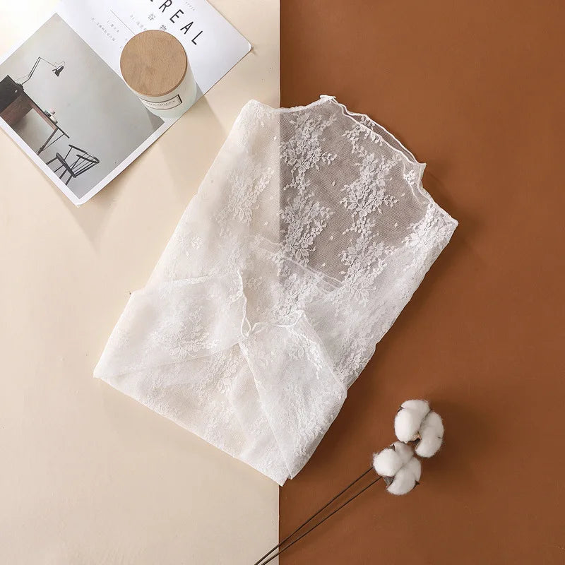 Women Half High Collar Mesh Bottomed Blouse T-shirt Lace Ear Edge Spring and Autumn Western-style Hollow Long Sleeve Lace Top