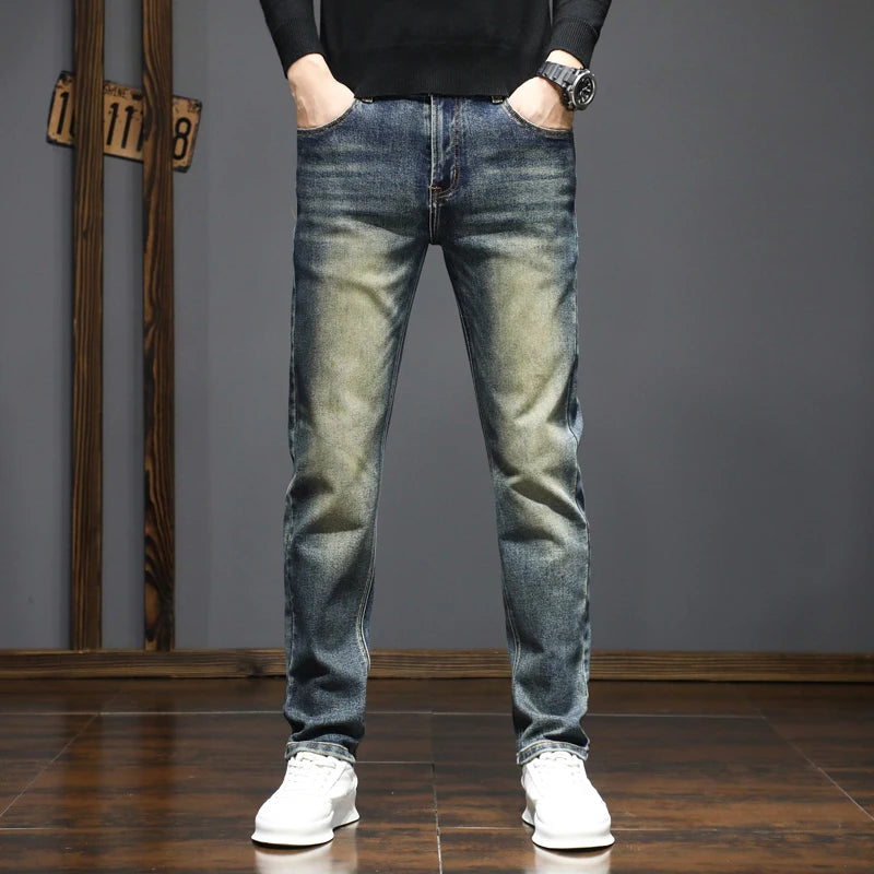 High-quality American retro jeans men's 2025 autumn new micro-elastic popular wear-resistant wash slim straight pants