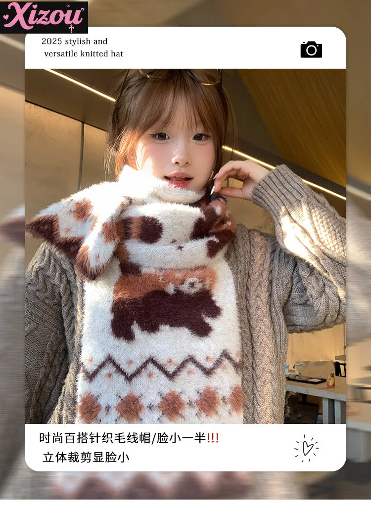 Japanese Cute Lolita Cartoon Red Panda Plush Scarf Female Autumn Winter Thickened Warm Versatile Maillard Neck Scarf 2025 New