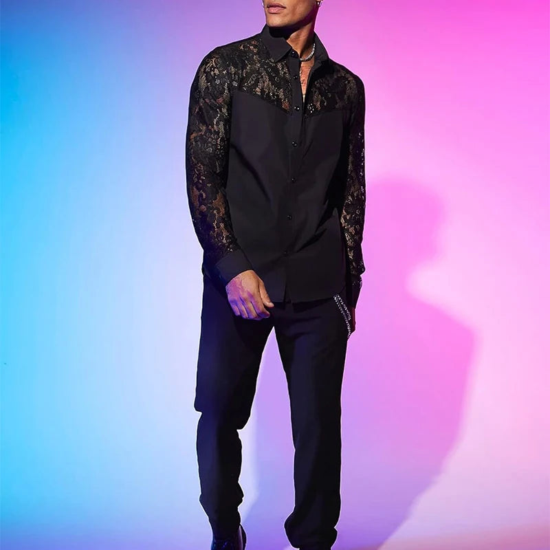 Sexy See Through Mesh Shirts Mens Long Sleeve Embroidery Mesh Lace Shirt For Men Spring Autumn Fashion Buttoned Lapel Cardigans
