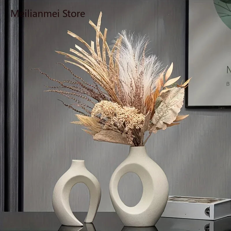 Hollow Nordic Modern Ceramic Vase Set of 2 for Modern Home Decor Modern Hollow Vases for Living Room Bookshelves Home Decoration