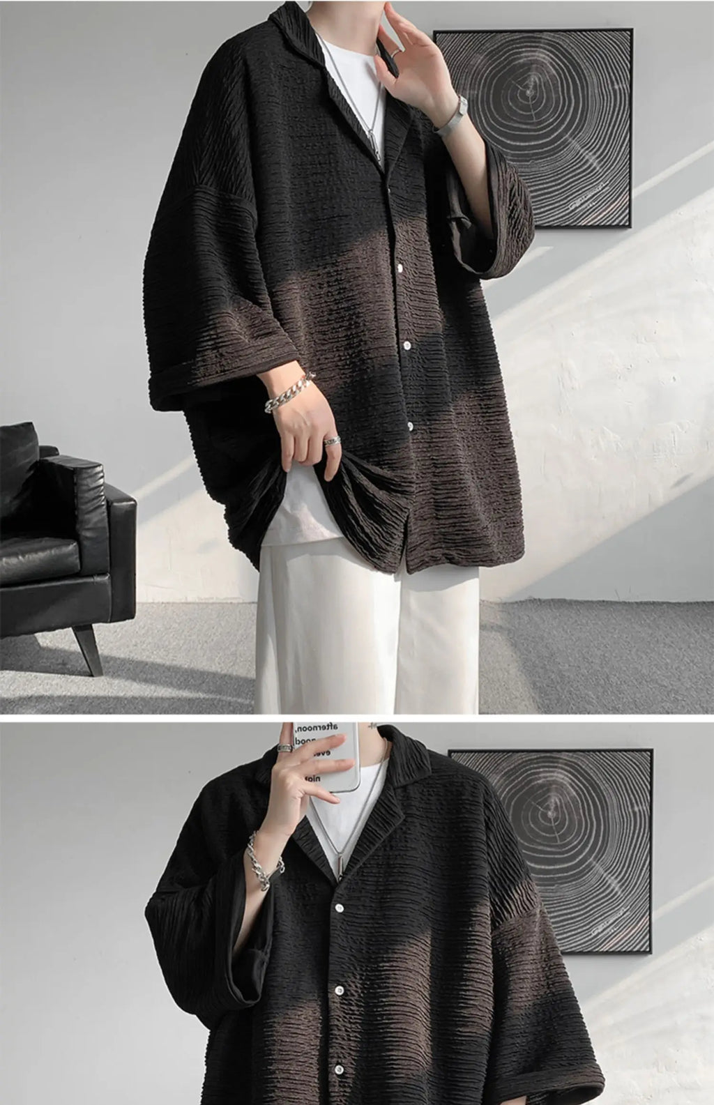 LEGIBLE Spring Summer Solid Shirts Men Casual Oversized Three Quarter Shirts Male Loose Fit Shirt for Man