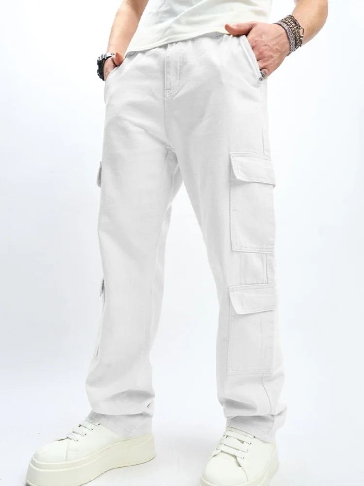 Mens Multiple Pockets Cargo Loose Jeans Streetwear Straight Casual Outdoor Trousers Male Clothing Fashion Denim Pants White