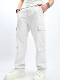 Mens Multiple Pockets Cargo Loose Jeans Streetwear Straight Casual Outdoor Trousers Male Clothing Fashion Denim Pants White