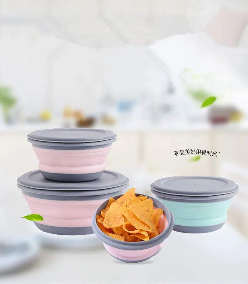 Portable Folding Lunch Box Bowl Sets Silicone 3Pcs/Set Food Container Outdoor Camping Tableware Set Foldable Salad Bowl with Lid
