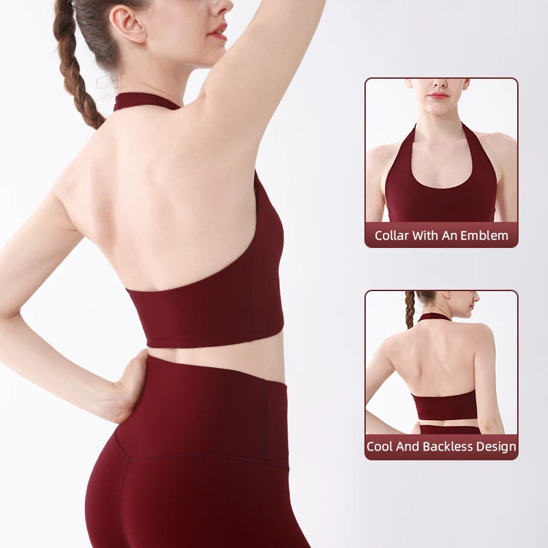 Sports Top Women Sexy Hanging Neck Yoga Bra High Intensity Shockproof Fixed Chest Pad Running Fitness Outdoor Leisure Yoga Vest