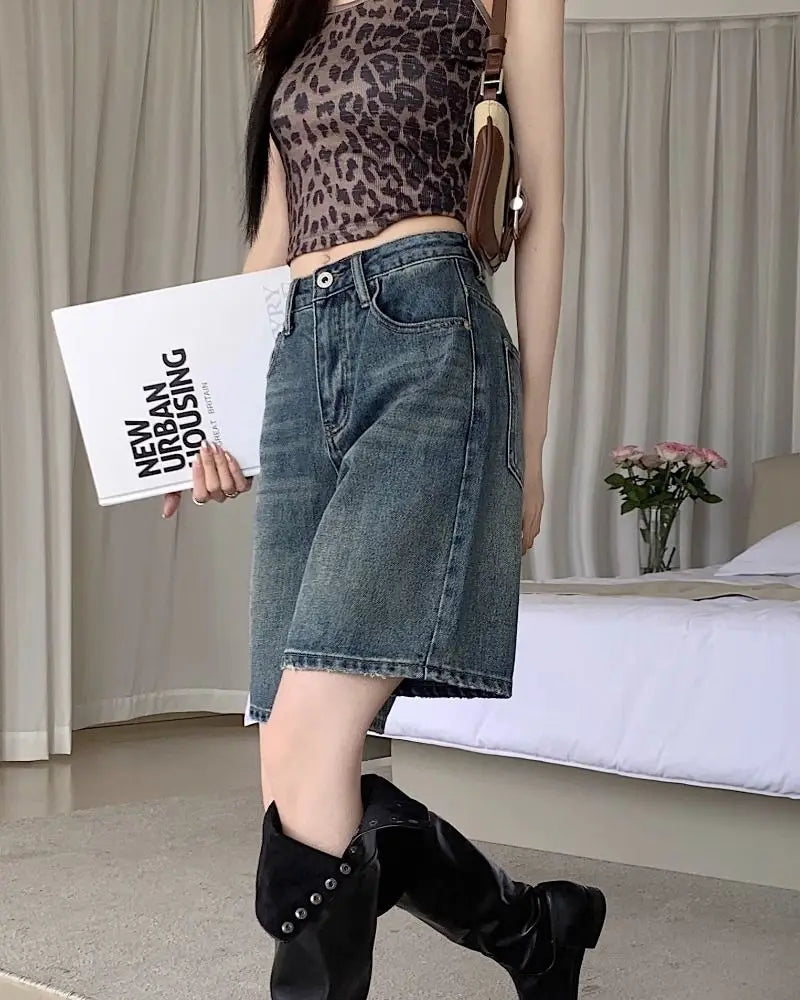 Denim Shorts Vintage High Waist Loose Fit Distressed Design Ins Style Sweet Spicy Girls All-match Casual Summer Streetwear Y2k