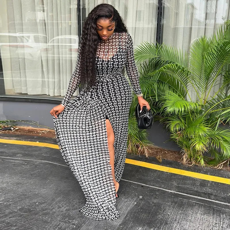 Women's Turtleneck Long Sleeve Waistband Ribbons Decoration Hips Wrapped Split Long Dress, Slight Perspective