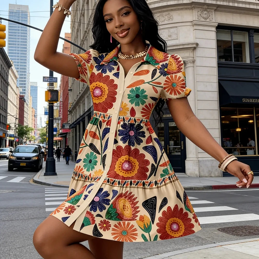 2026 Women's Summer Princess-Sleeve Ethnic Geometric Floral Print Shirt Dress Vintage Ruffle Hem A-Line Mini Party Dresses