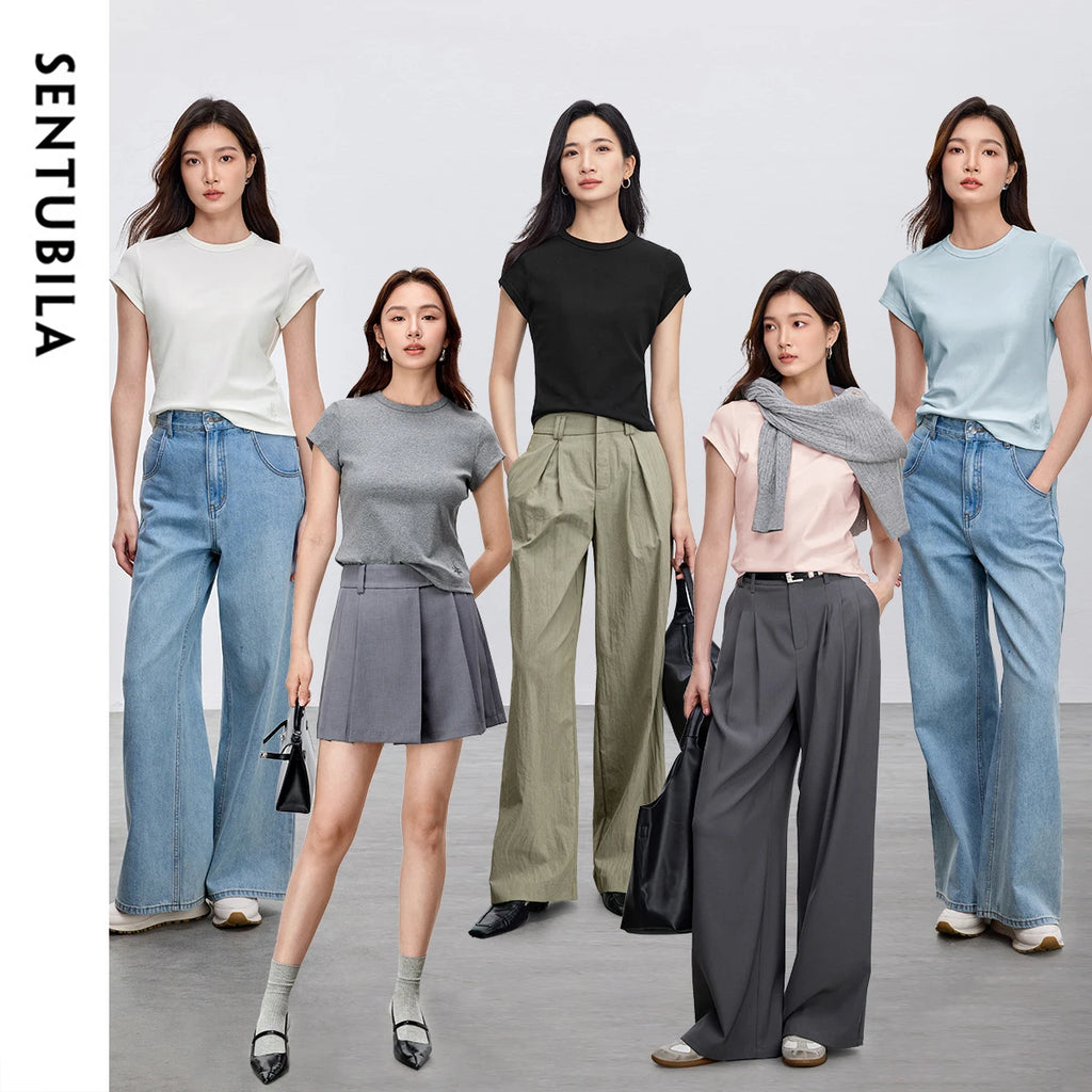 SENTUBILA Women's Slim T-shirt 2025 Spring Summer Fashion Solid Knitted Simple Crewneck Short Sleeve Embroidery Tops 152T59063