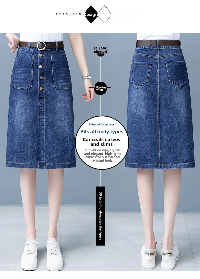 High Waist A-Line Midi Skirt for Women Spring 2023 Denim Split Long Dress Korean Style Commute Pure Color Long Skirt