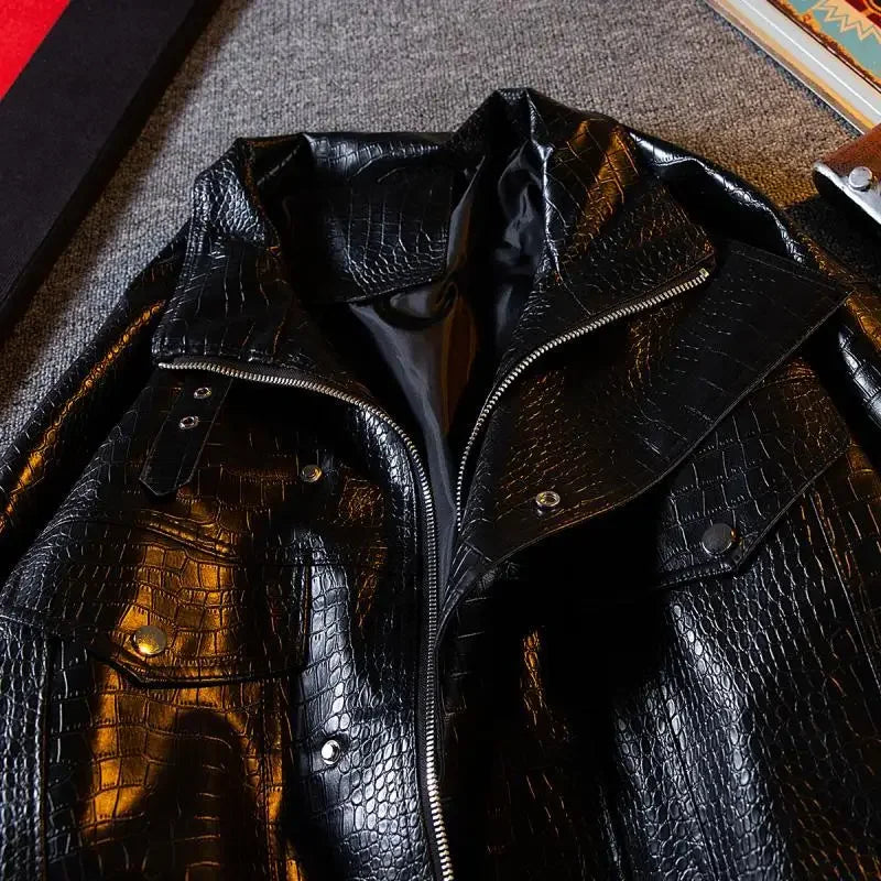 Gmiixder Functional Imitation Crocodile Leather Jacket Men's Spring Autumn American Retro High Street Motorcycle Leather Coat