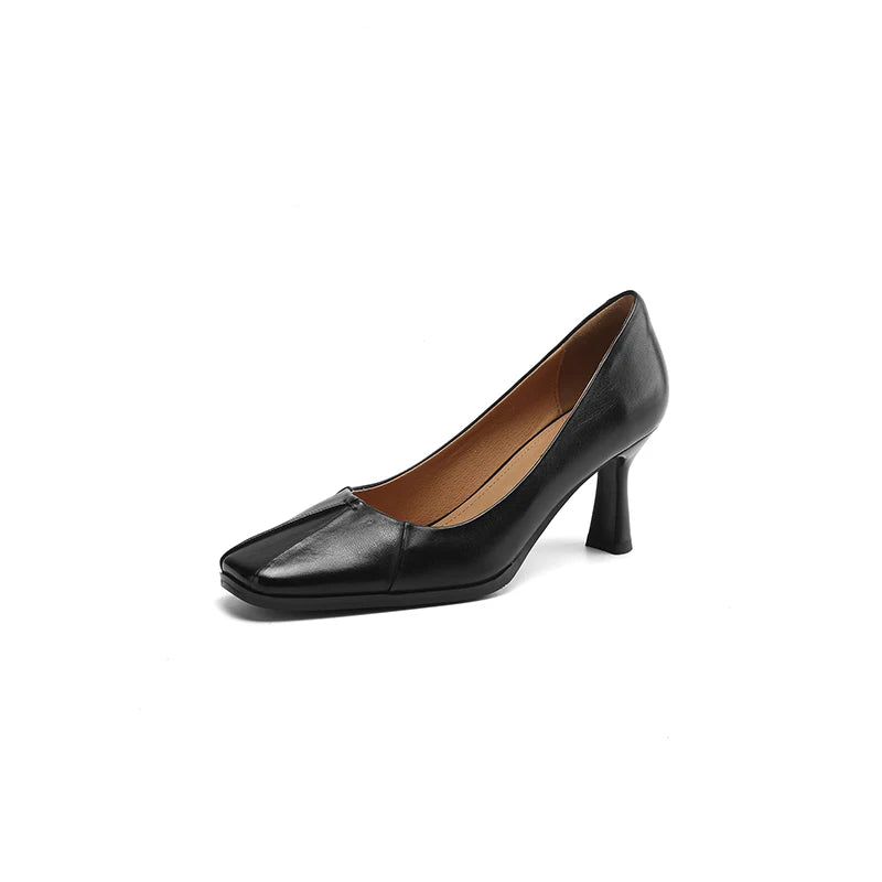 NEW Spring/Autumn Women Pumps Genuine Leather Shoes for Women Square Toe Thin Heel Shoes Concise Shallow High Heel Pleated Shoes