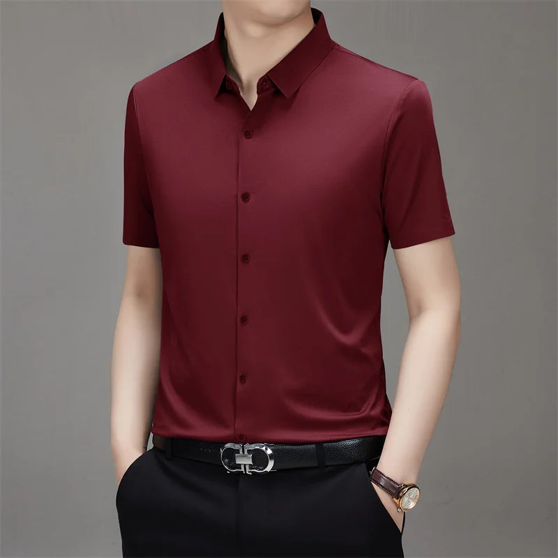 New Men's Business Casual Solid Color Short Sleeved Shirt for Summer Fashion No Ironing Comfortable and Versatile Top