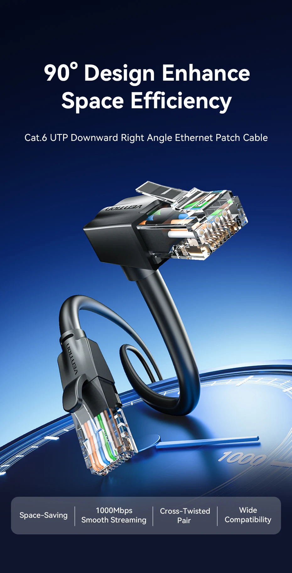 Vention Cat6 Ethernet Cable 90° Right Angle Design CAT 6 Networking Internet Lan Cord for Laptops PS5 4 Xbox Router RJ45 Cable