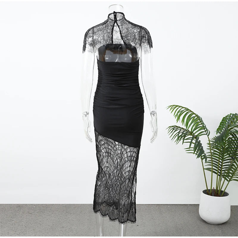 Lace Patchwork Maxi Dress Sexy Women Chic Black Shawl Strapless See Through Backless Slim Gown 2026 Lady Evening Party Vestidos