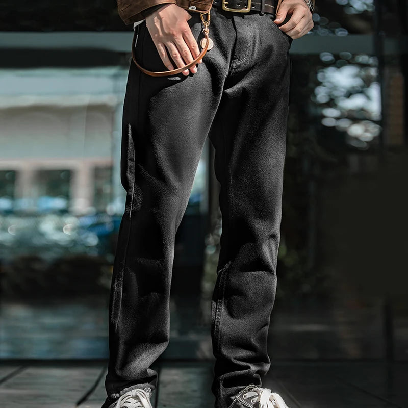 Maden 12.8oz Black Washed Denim Jeans Men's Vintage Mid Rise Straight Classic Casual Zip Fly Pants for Autumn Versatile Trousers