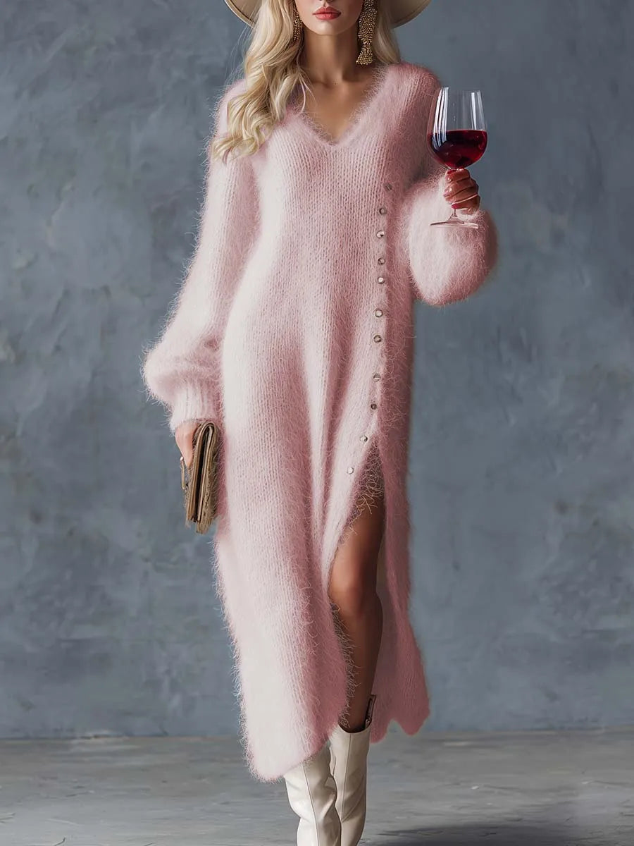Elegant V-neck Long Sleeve Plush Long Dress Fashion Button Decorated Loose White Dress Autumn Winter Lady Sexy Split Party Dress