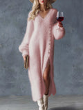 Elegant V-neck Long Sleeve Plush Long Dress Fashion Button Decorated Loose White Dress Autumn Winter Lady Sexy Split Party Dress