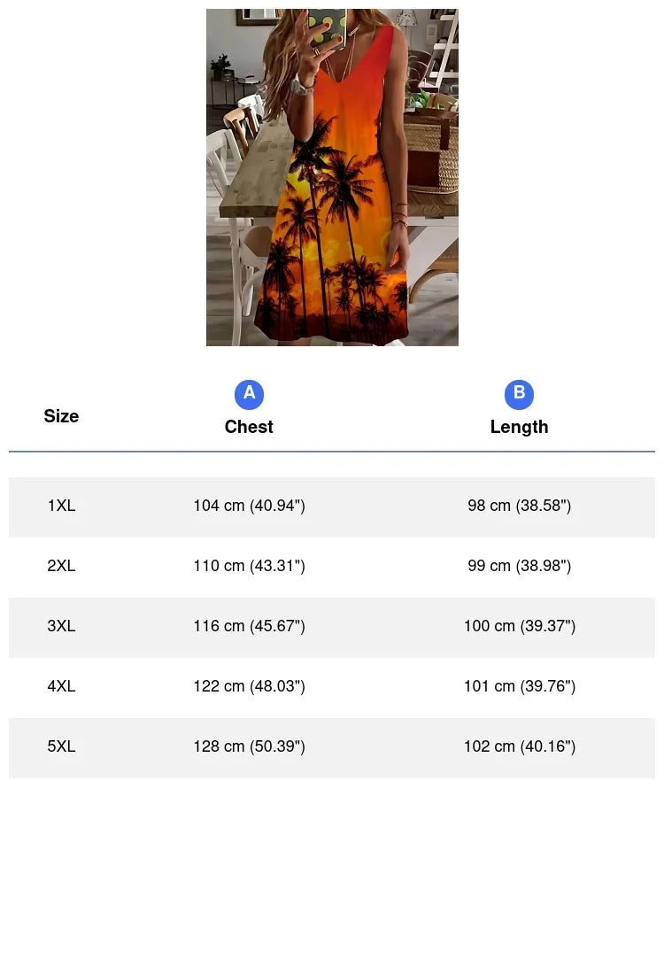 European Plus Size Ladies Sunset Coconut Tree Printed Dress Stretchy Sleeveless V Neck Loose Casual Summer Beach Mid Dress