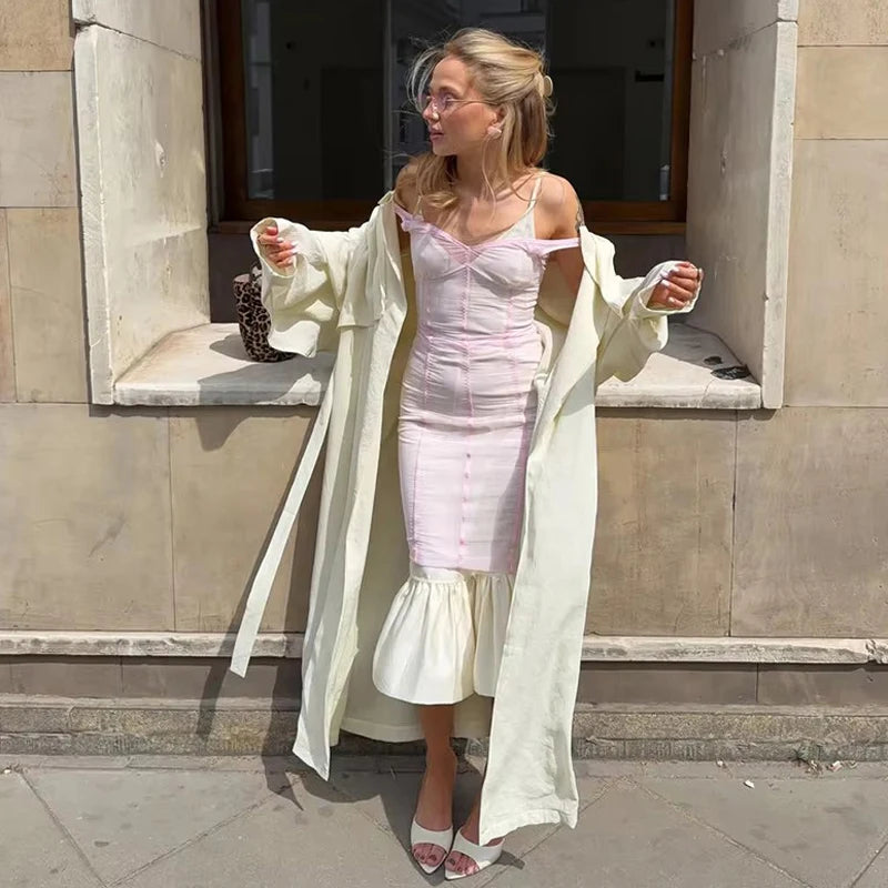 Sexy Nude Fishbone V-neck Dress Women Elegant Sleeveless Pleated Slim Waist-cinching Gown 2026 Summer Party Casual Streetwear