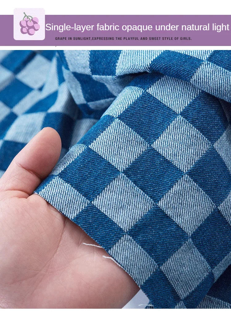100% Cotton Jacquard Denim Fabric Plaid Jeans By The Meter for Dress Shirt Designer Clothing Sewing Washed Thickened Cloth Blue