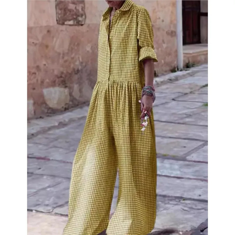 Fashion Lapel Single Breasted Half Sleeve Wide Leg Jumpsuit Spring Autumn Lady New Women's Loose Casual Plaid Printed Jumpsuit