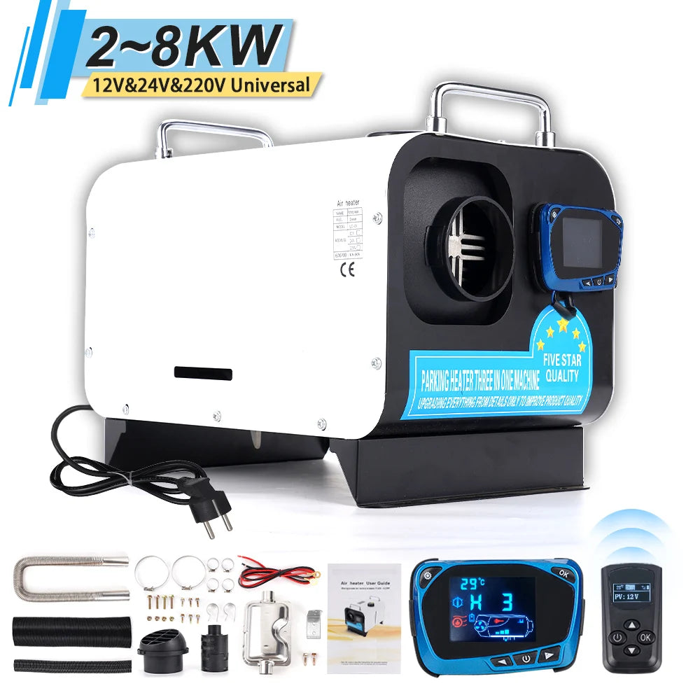 5/8KW Diesel Air Heater 12V/24V/220V Three-in-one White Horizontal Car Heater for Car Truck Boat RV Parking Diesel Heater
